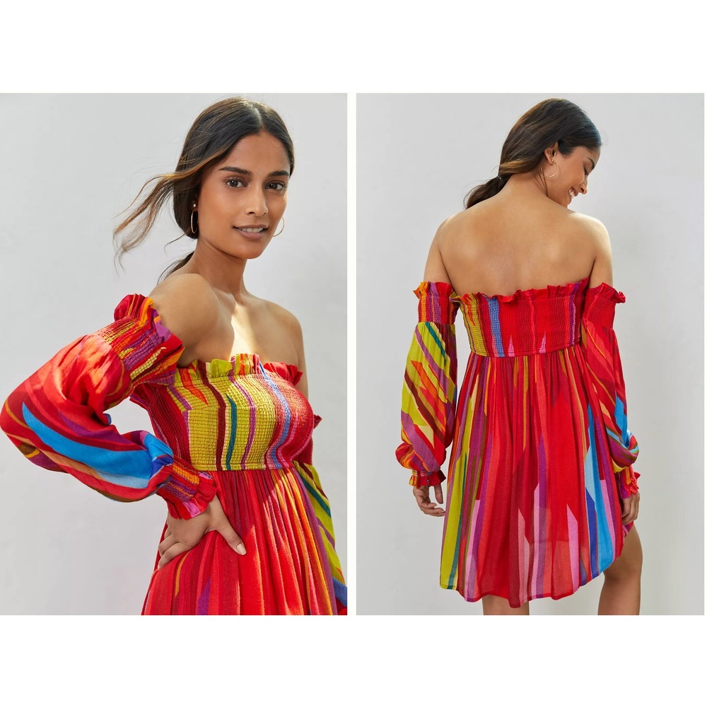 NWT Anthropologie Off-The-Shoulder Mini Dress Womens MP Red Multi Smocked Stripe